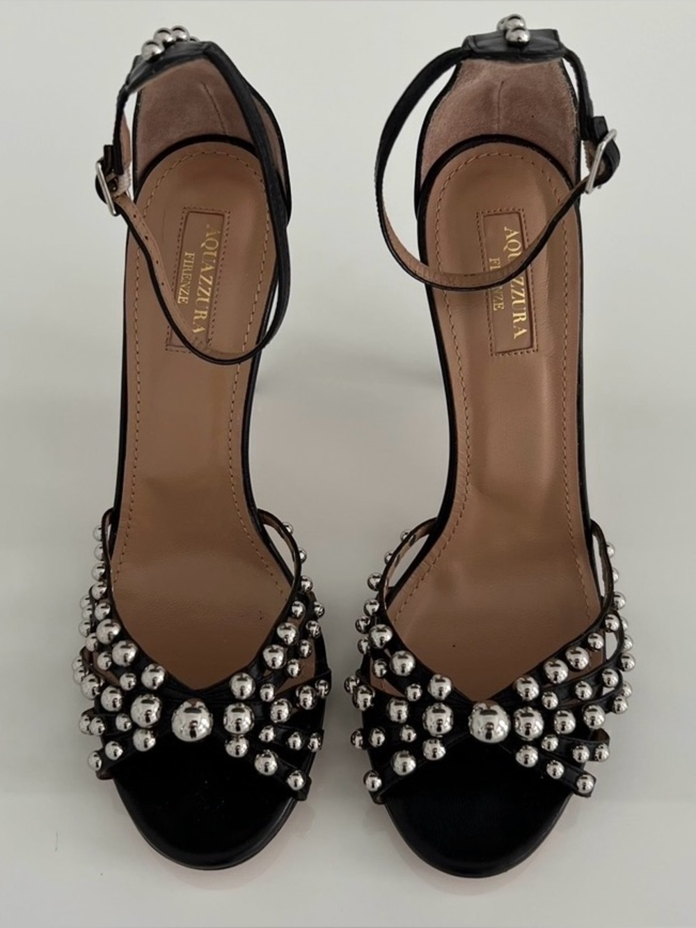 AQUAZZURA BLACK LEATHER SILVER STUDDED SANDALS SIZE IT 38 / US 8 - Picture 3 of 17